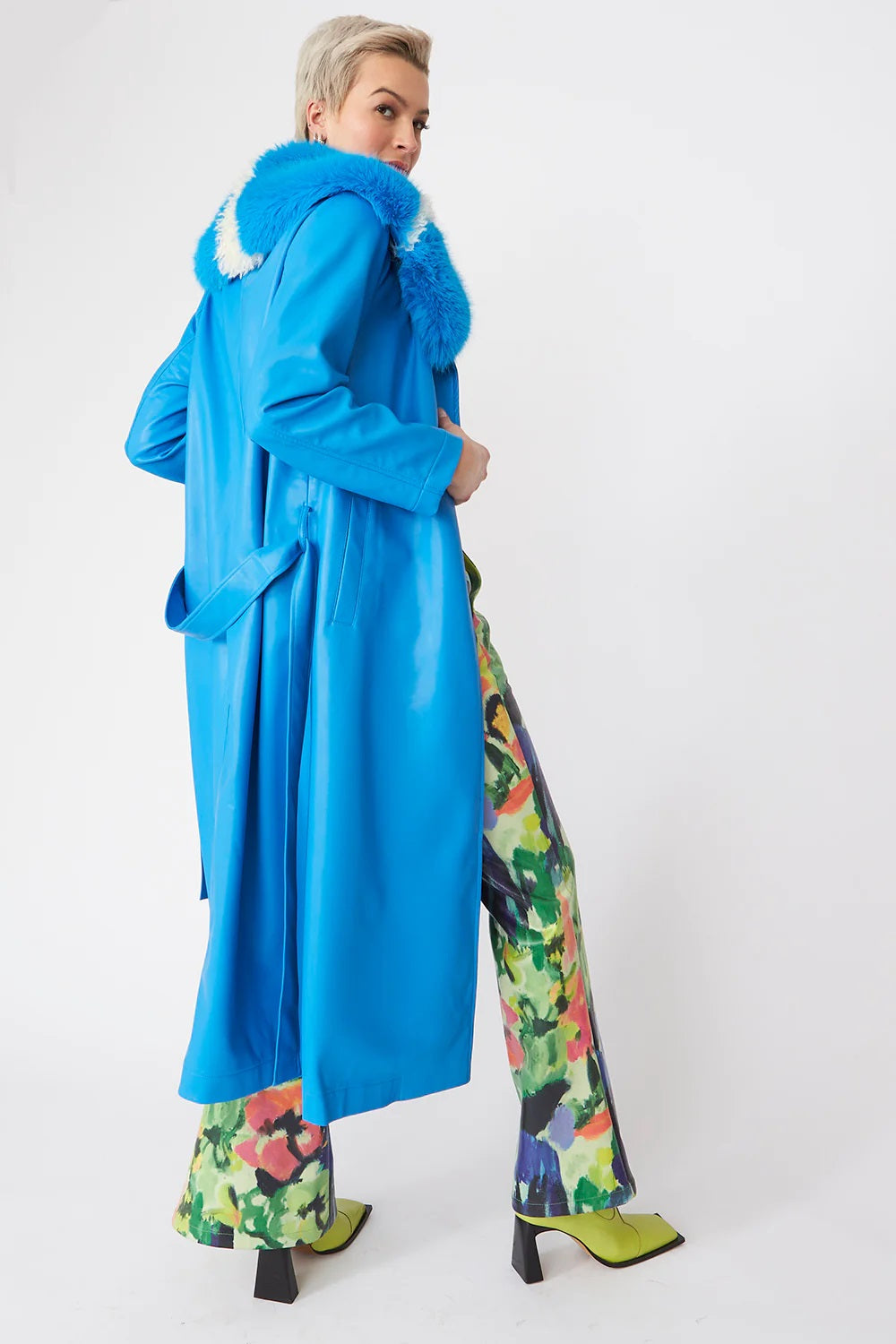 Blue Tencel Blend Eco Leather Trench Coat