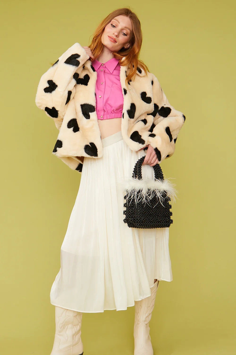 Cream Faux Fur Hand Painted Love Heart Jacket