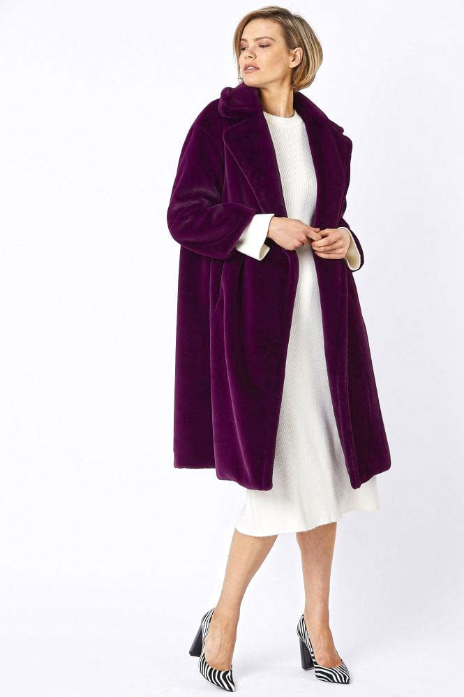 Deep Purple Faux Fur Midi Shaved Shearling Coat