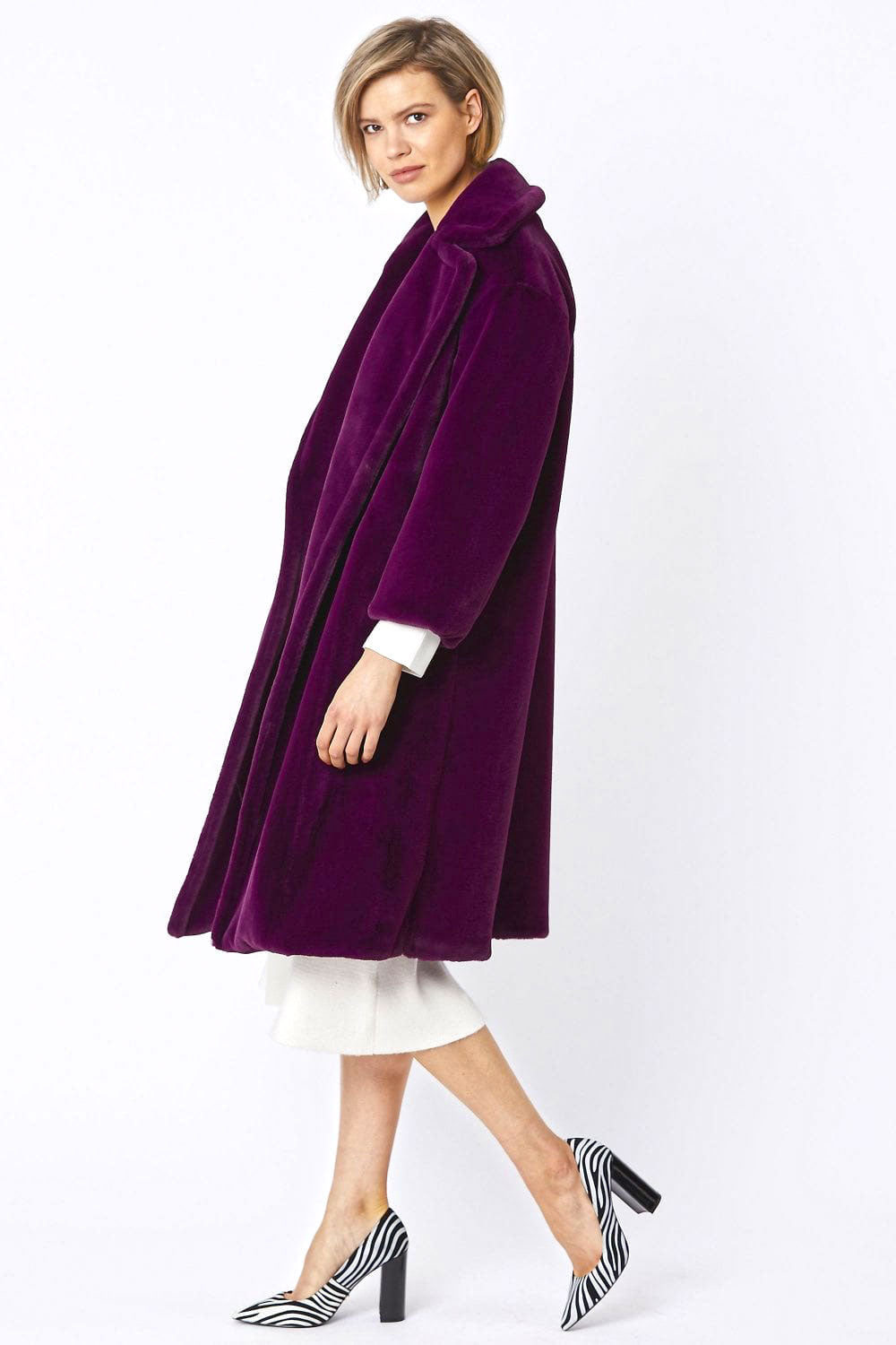 Deep Purple Faux Fur Midi Shaved Shearling Coat