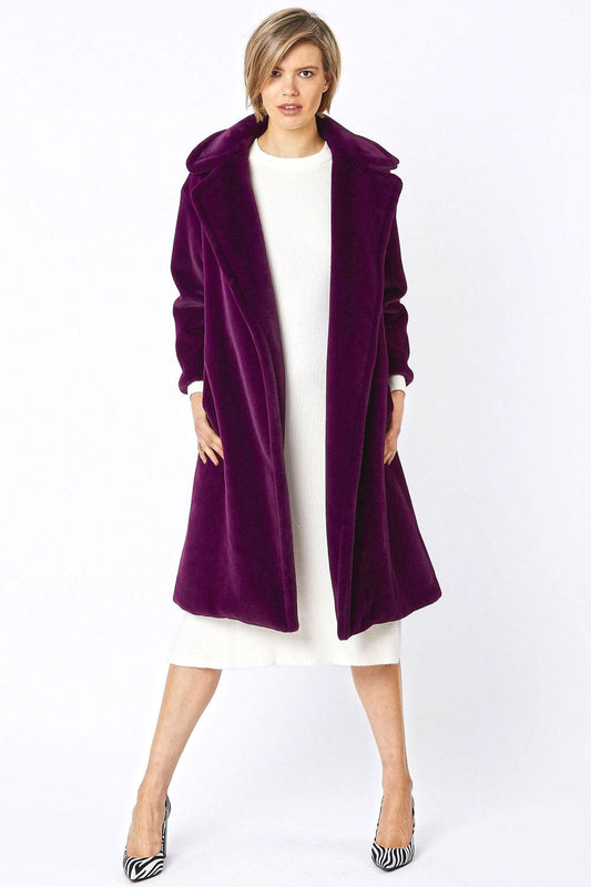 Deep Purple Faux Fur Midi Shaved Shearling Coat