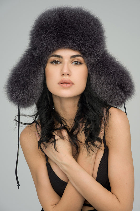 Gray Genuine Arctic Fox and Mink Fur Hat