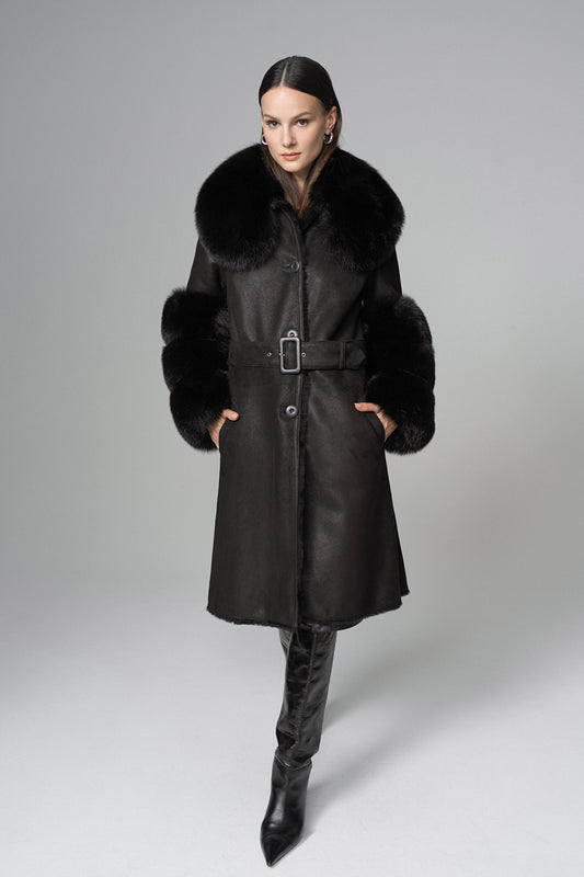 Black Genuine Maxi Lambskin Overcoat with Arctic Black Fox Fur Collar and Cuffs