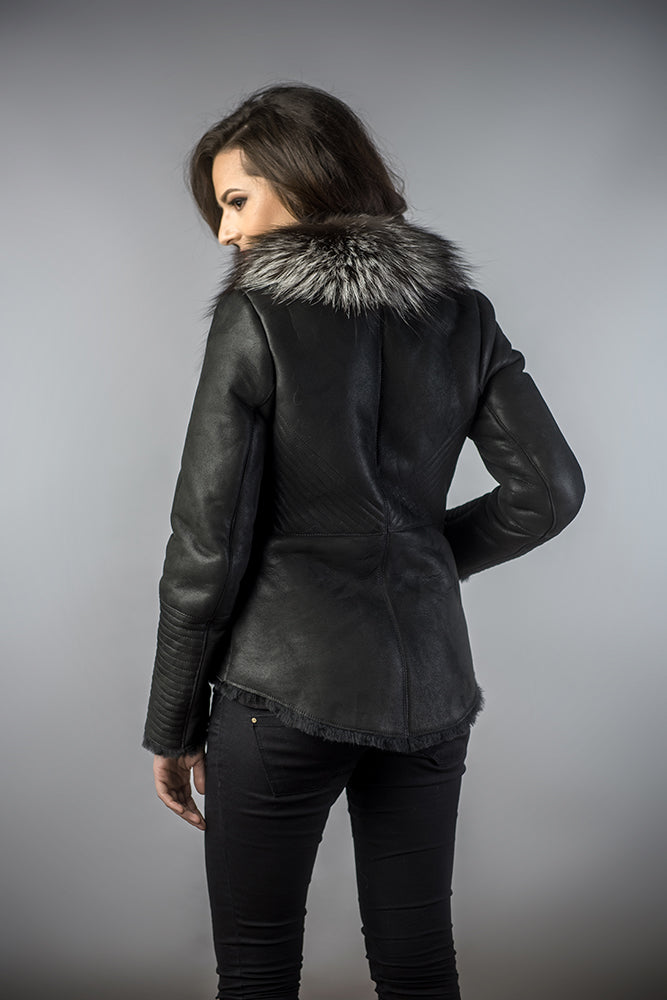 Black Merino Shearling Jacket with Arctic Fox Fur Collar