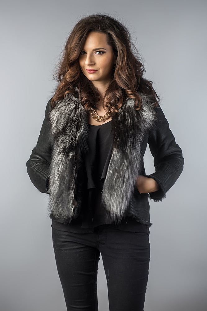 Black Merino Shearling Jacket with Arctic Fox Fur Collar