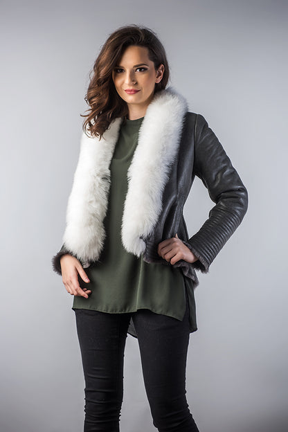 Gray Merino Shearling Jacket with Arctic Fox Fur Collar