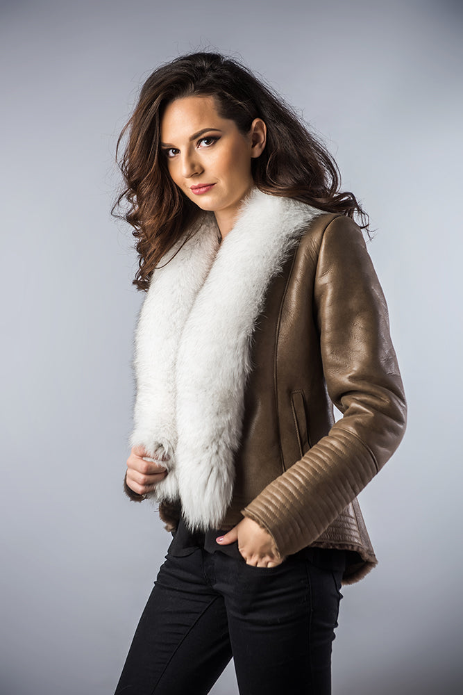 Taupe Merino Shearling Jacket with Arctic Fox Fur Collar