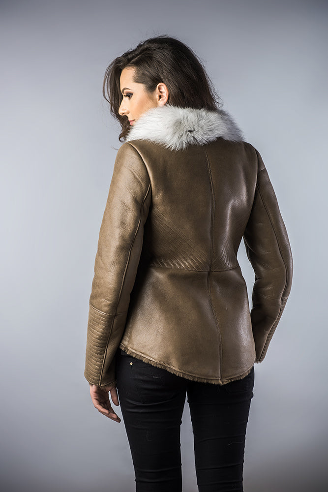 Taupe Merino Shearling Jacket with Arctic Fox Fur Collar