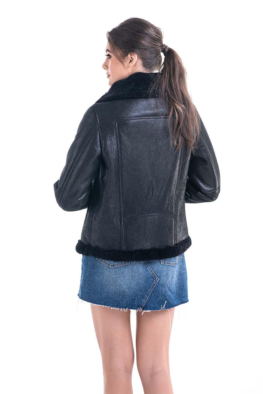 Black Shearling Leather Jacket with Merino Fur Detailing