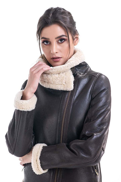 Brown Shearling Leather Jacket with Merino Fur Detailing