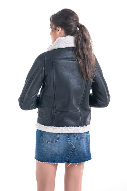 Gray Shearling Leather Jacket with Merino Fur Detailing