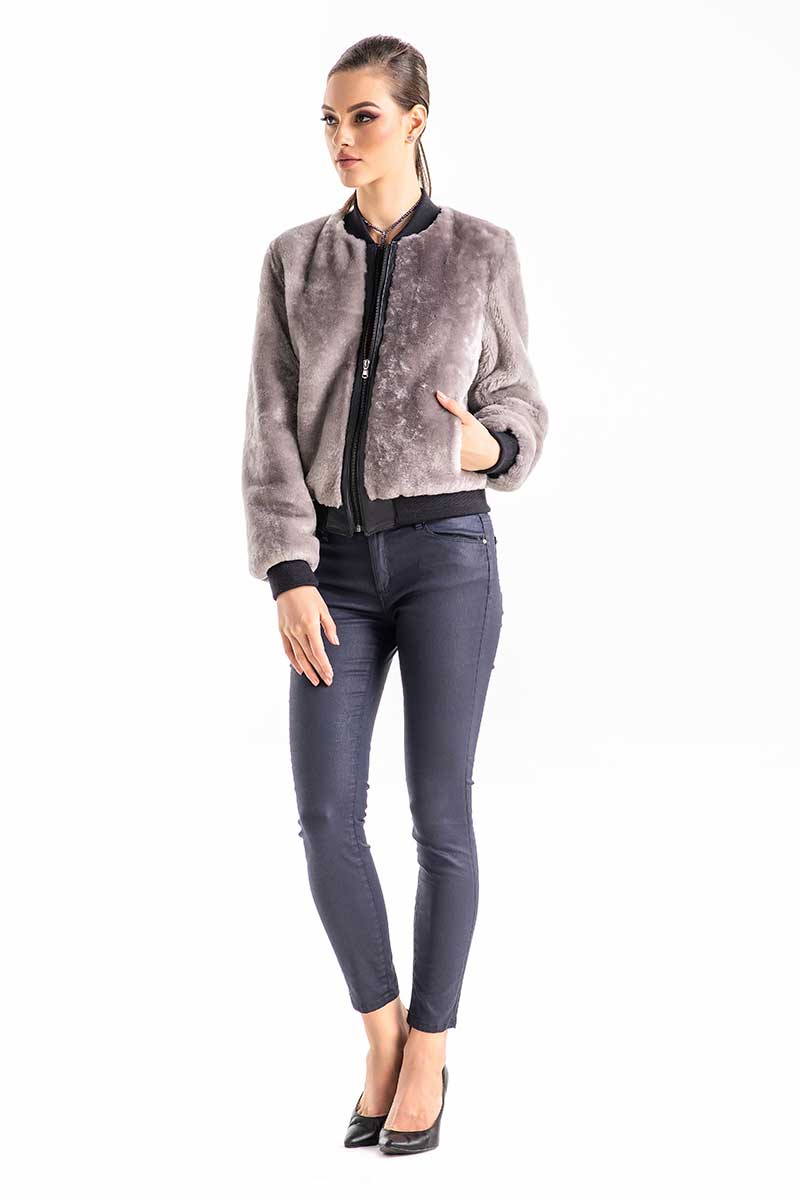 Gray Natural Sheepskin Mouton Fur Jacket