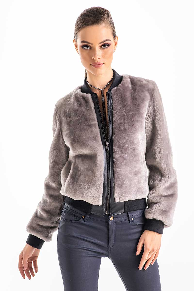 Gray Natural Sheepskin Mouton Fur Jacket