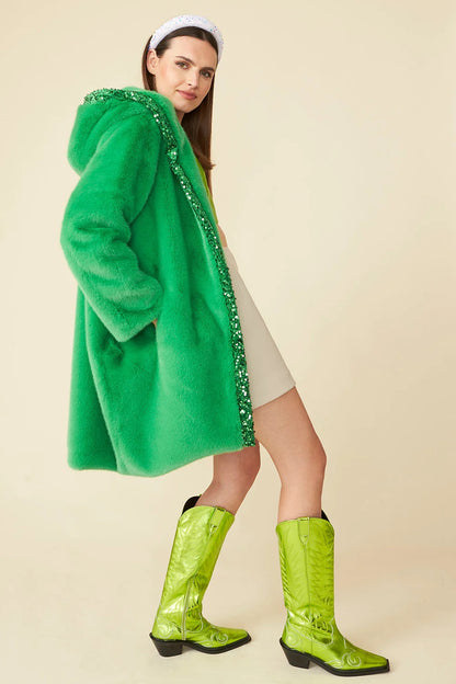 Green Faux Fur Sequins Trim Hooded Maxi Coat