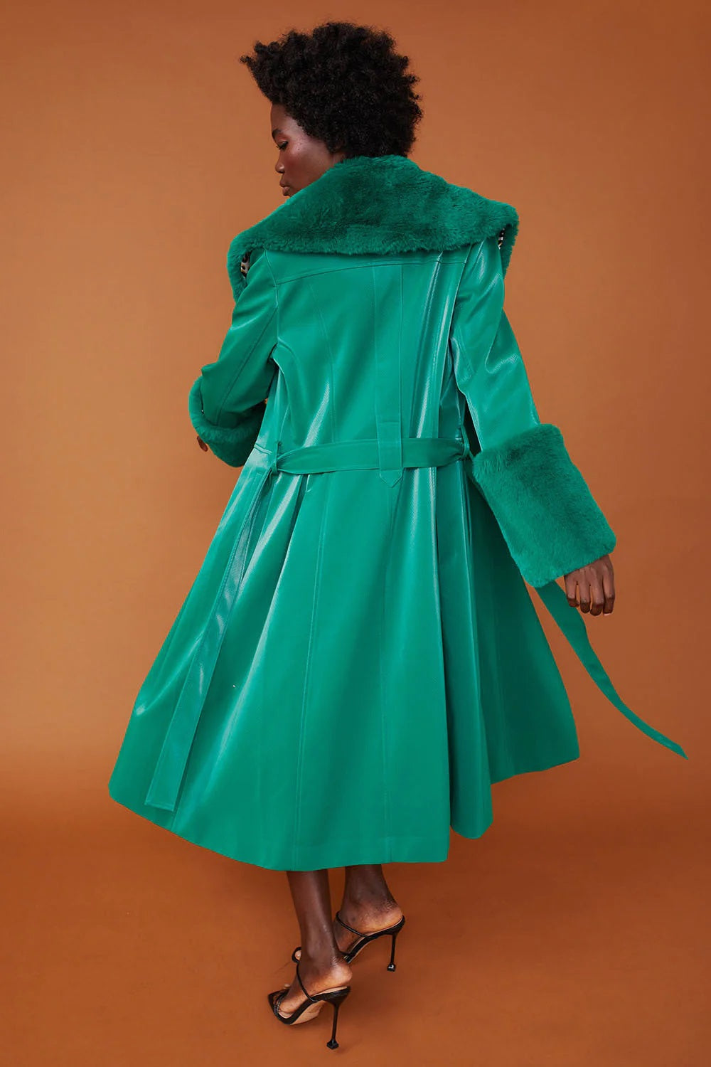 Green Faux Suede Trench Coat with Faux Fur Collar and Cuffs