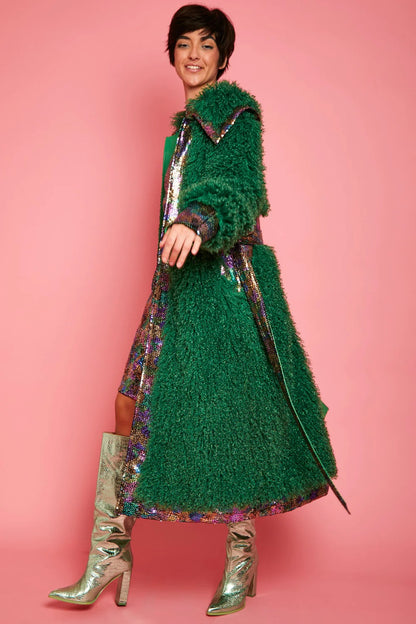 Green Knitted Bamboo Eco Leather Shearling Coat