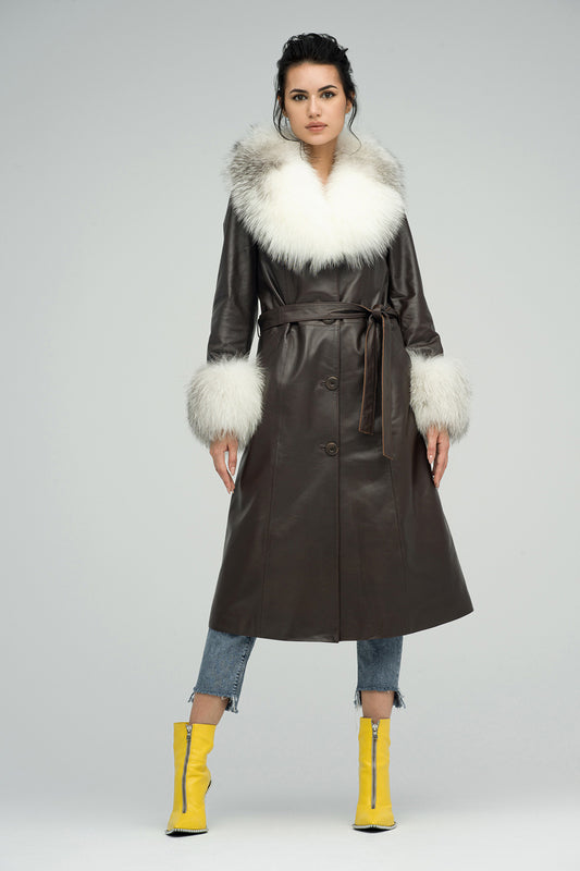 Brown Genuine Maxi Lambskin Overcoat with Arctic Fox Fur Collar and Cuffs