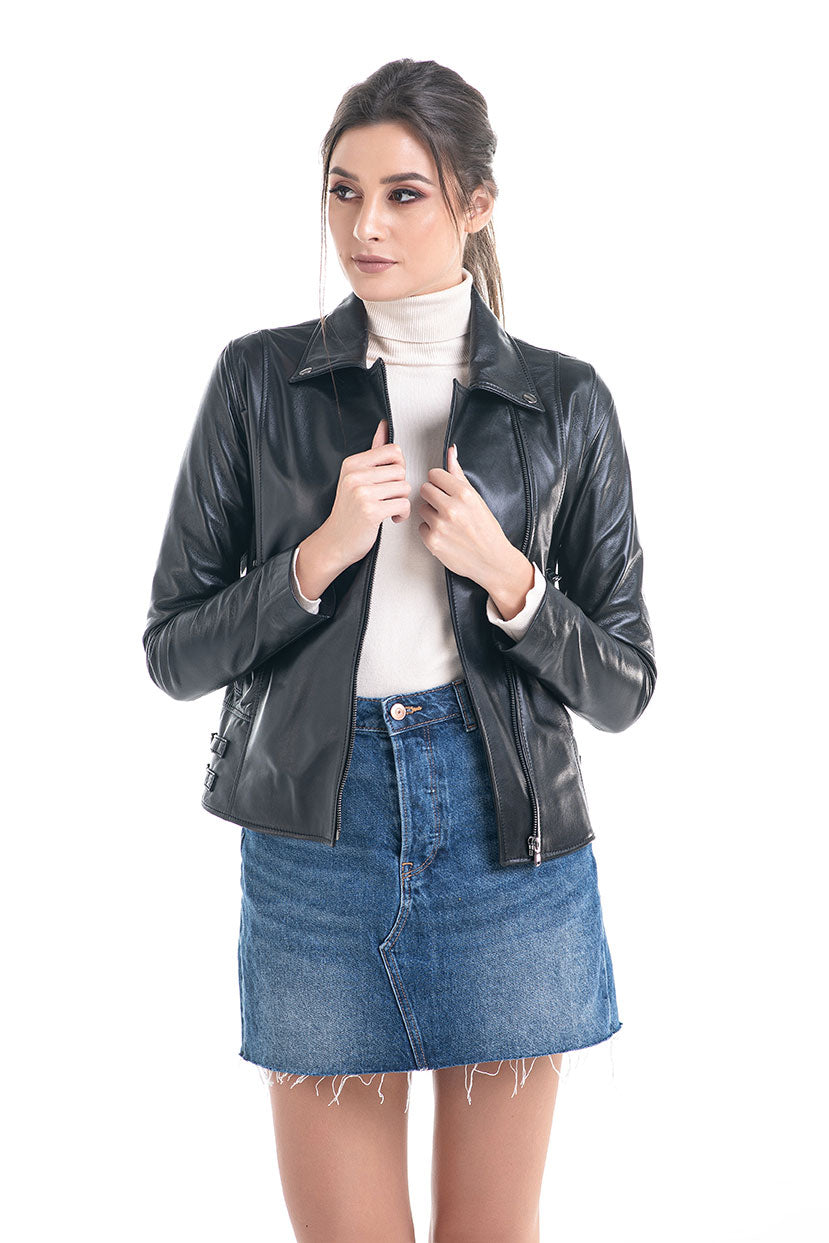 Black Genuine Sheepskin Jacket with Diagonal Zipper