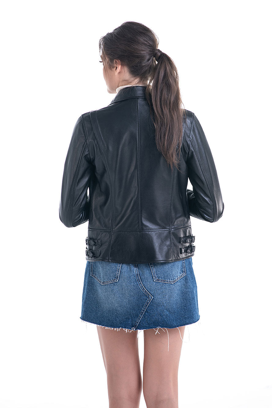 Black Genuine Sheepskin Jacket with Diagonal Zipper