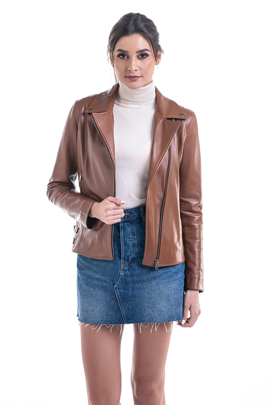 Cognac Genuine Sheepskin Jacket with Diagonal Zipper