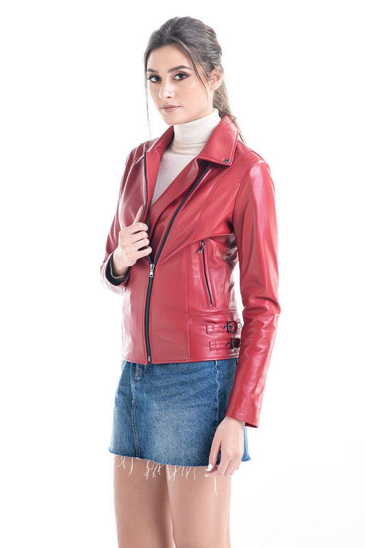 Red Genuine Sheepskin Jacket with Diagonal Zipper