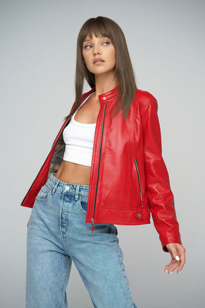 Red Genuine Cropped Leather Jacket