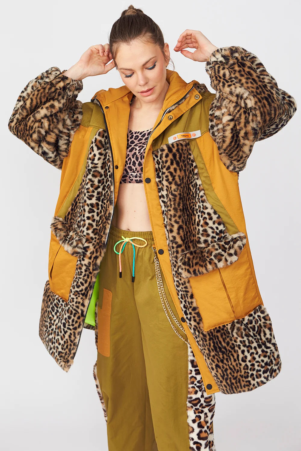 Leopard Print Mac Style Faux Fur Coat with Hood