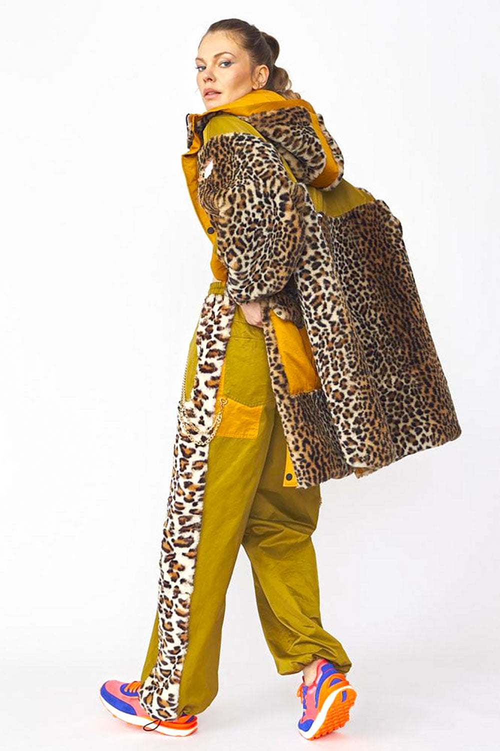 Leopard Print Mac Style Faux Fur Coat with Hood