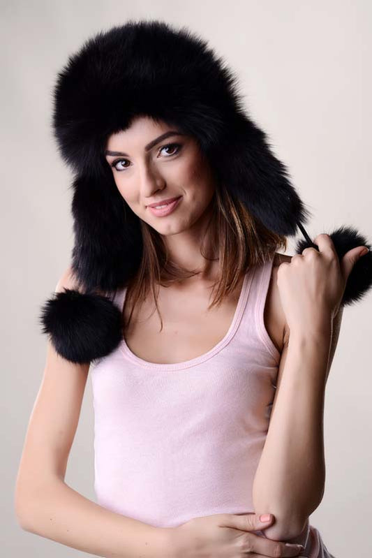 Black Genuine Arctic Fox Fur Hat with Lamb Nappa Leather