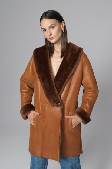 Cognac Lambskin Midi Coat with Merino Fur Collar