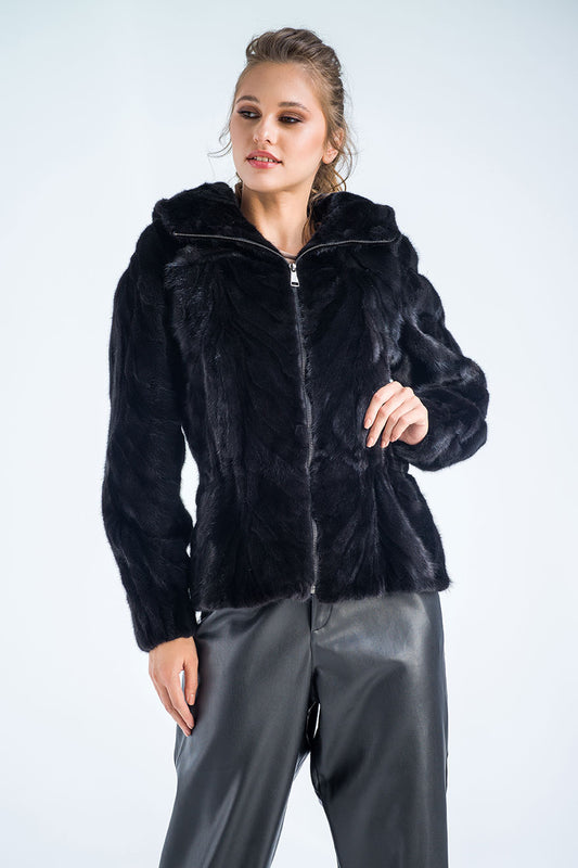 Black Genuine Mink Fur Hooded Jacket