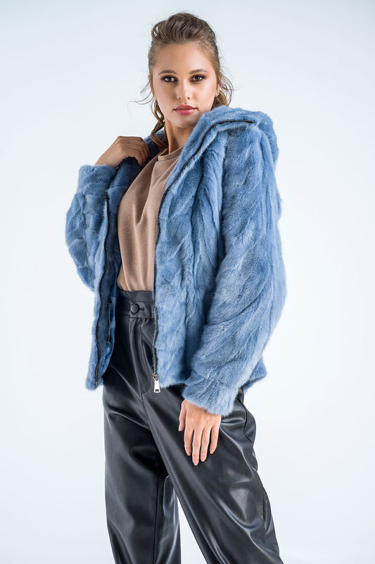 Blue Genuine Mink Fur Hooded Jacket