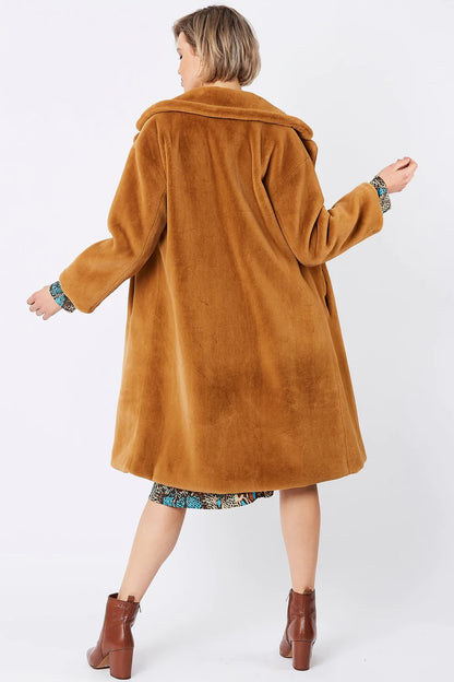 Mocha Faux Fur Midi Shaved Shearling Coat