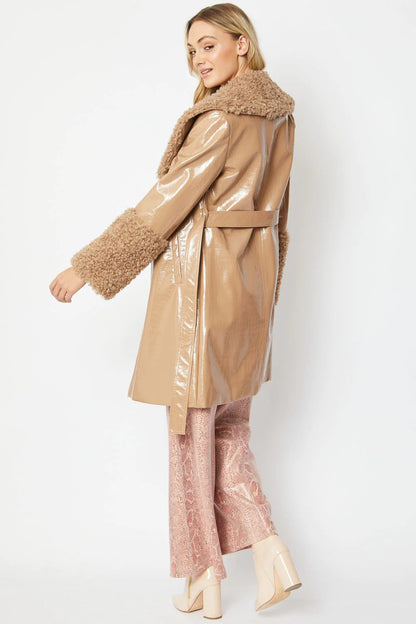 Mocha Faux Leather Trench Coat with Faux Shearling Collar and Cuffs