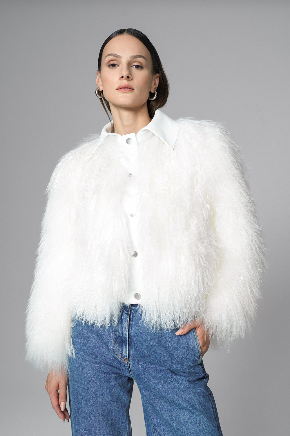 White Natural Mongolian Shearling Jacket