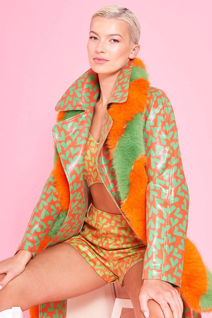 Orange Faux Suede Love Heart Trench Coat