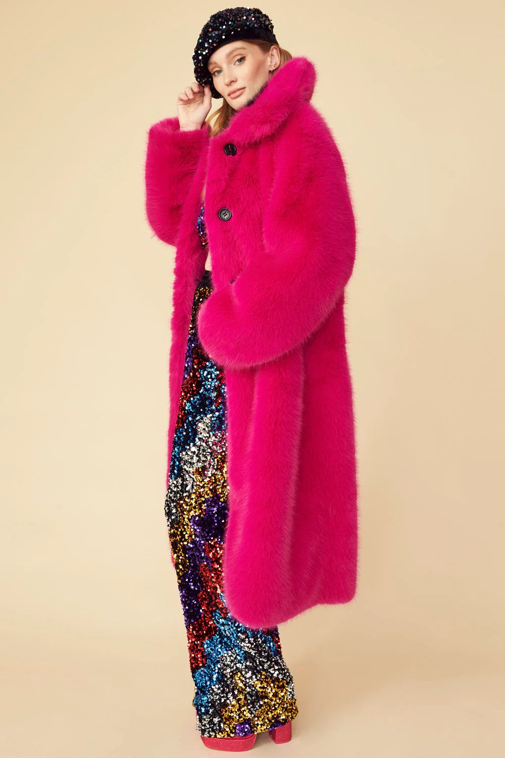 Pink Knitted Bamboo Faux Fur Coat