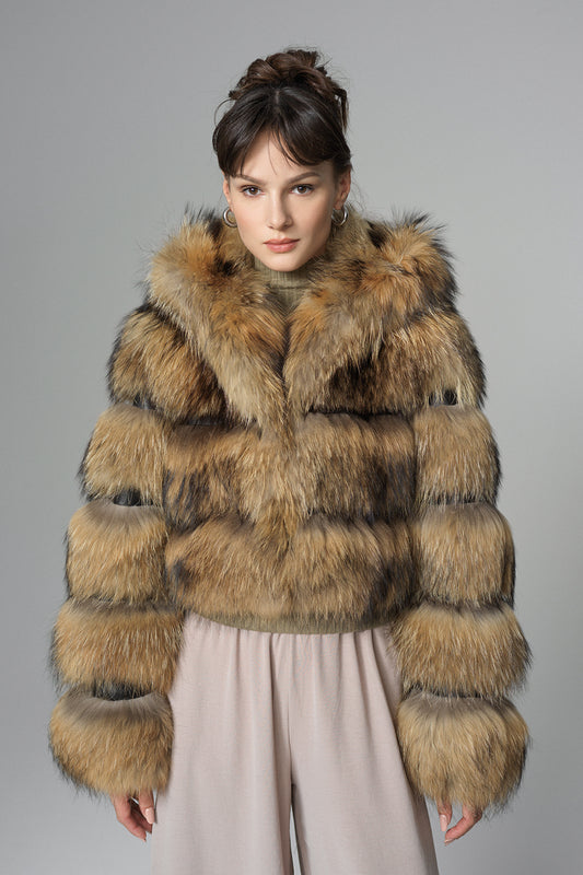 Brown Hooded Arctic Fox Raccoon Fur Jacket