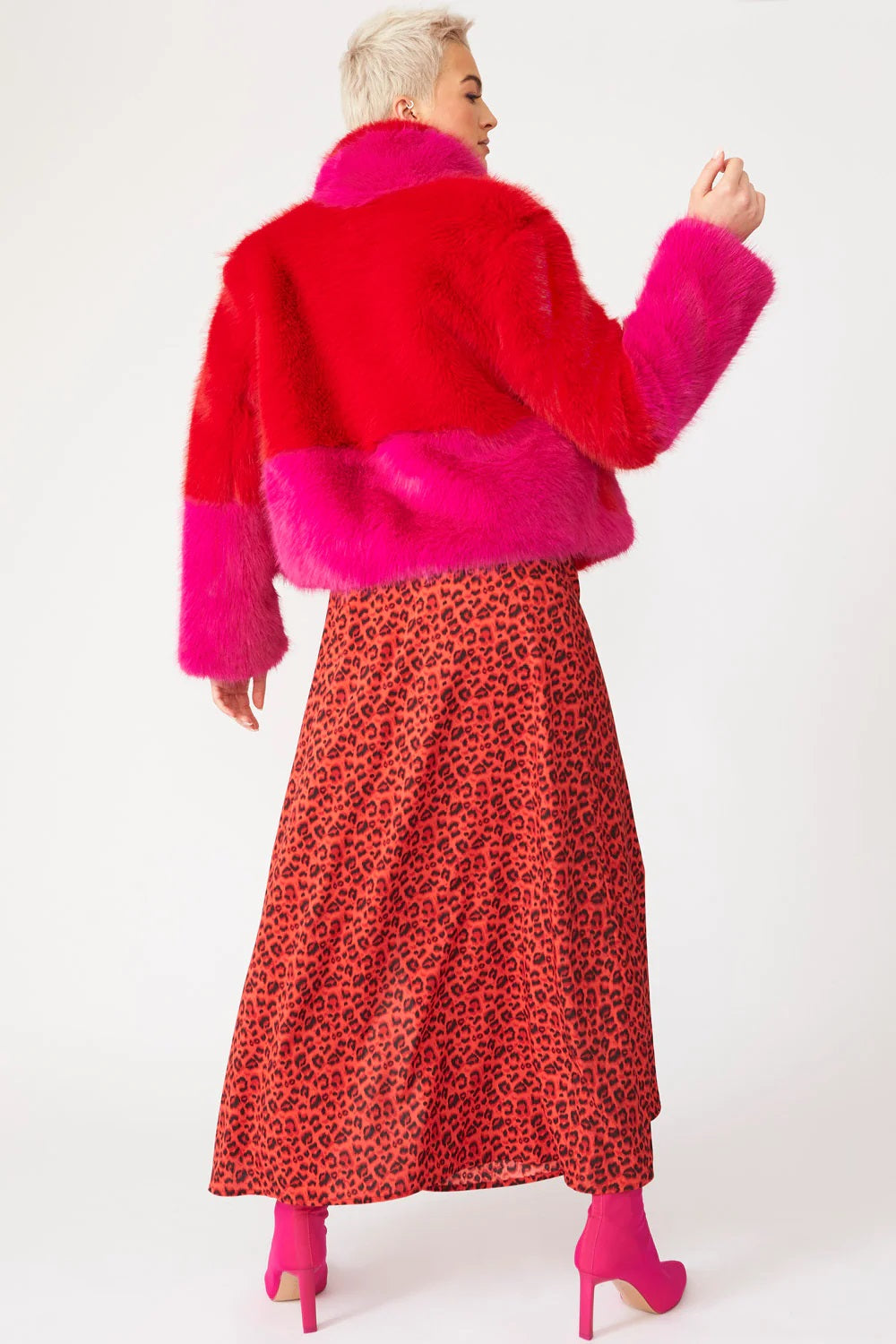 Red Pink Bamboo Faux Fur Double Cropped Coat