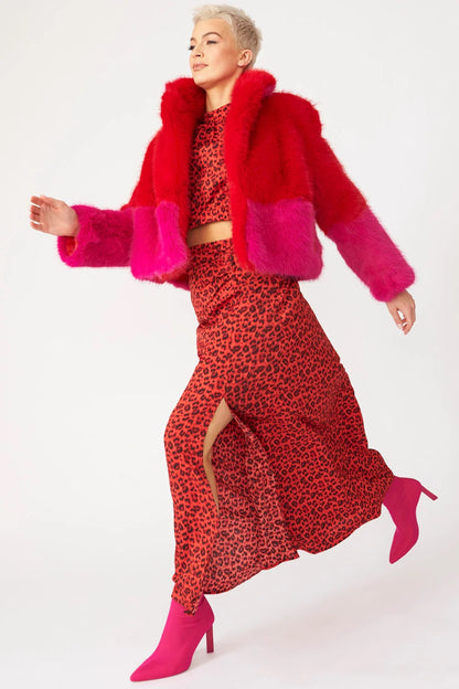 Red Pink Bamboo Faux Fur Double Cropped Coat