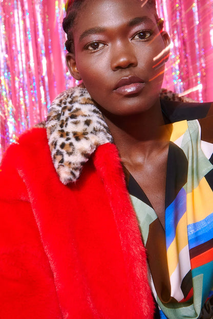 Red and Leopard Print Faux Fur Coat