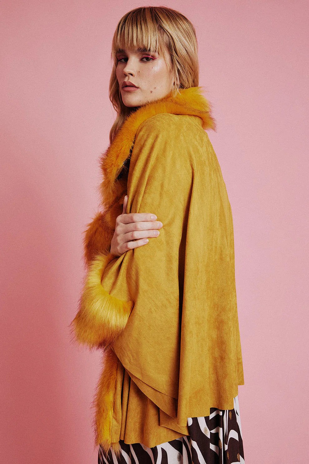 Yellow Faux Fur Suede Cape Jacket