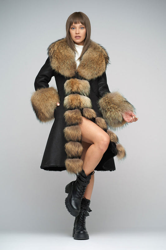 Black Genuine Maxi Sheepskin Overcoat with Arctic Raccoon Fur Detailing