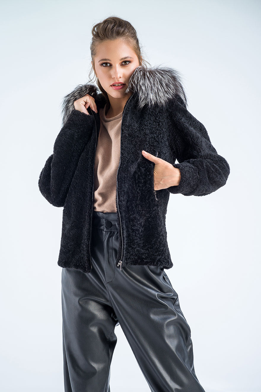 Black Sheepskin Hooded Jacket with Arctic Fox Fur Detailing