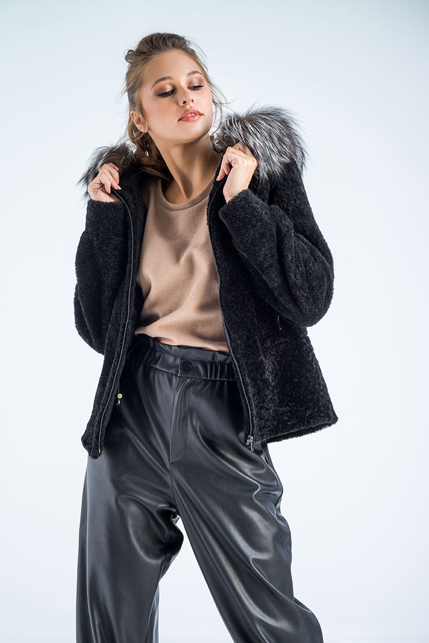 Black Sheepskin Hooded Jacket with Arctic Fox Fur Detailing