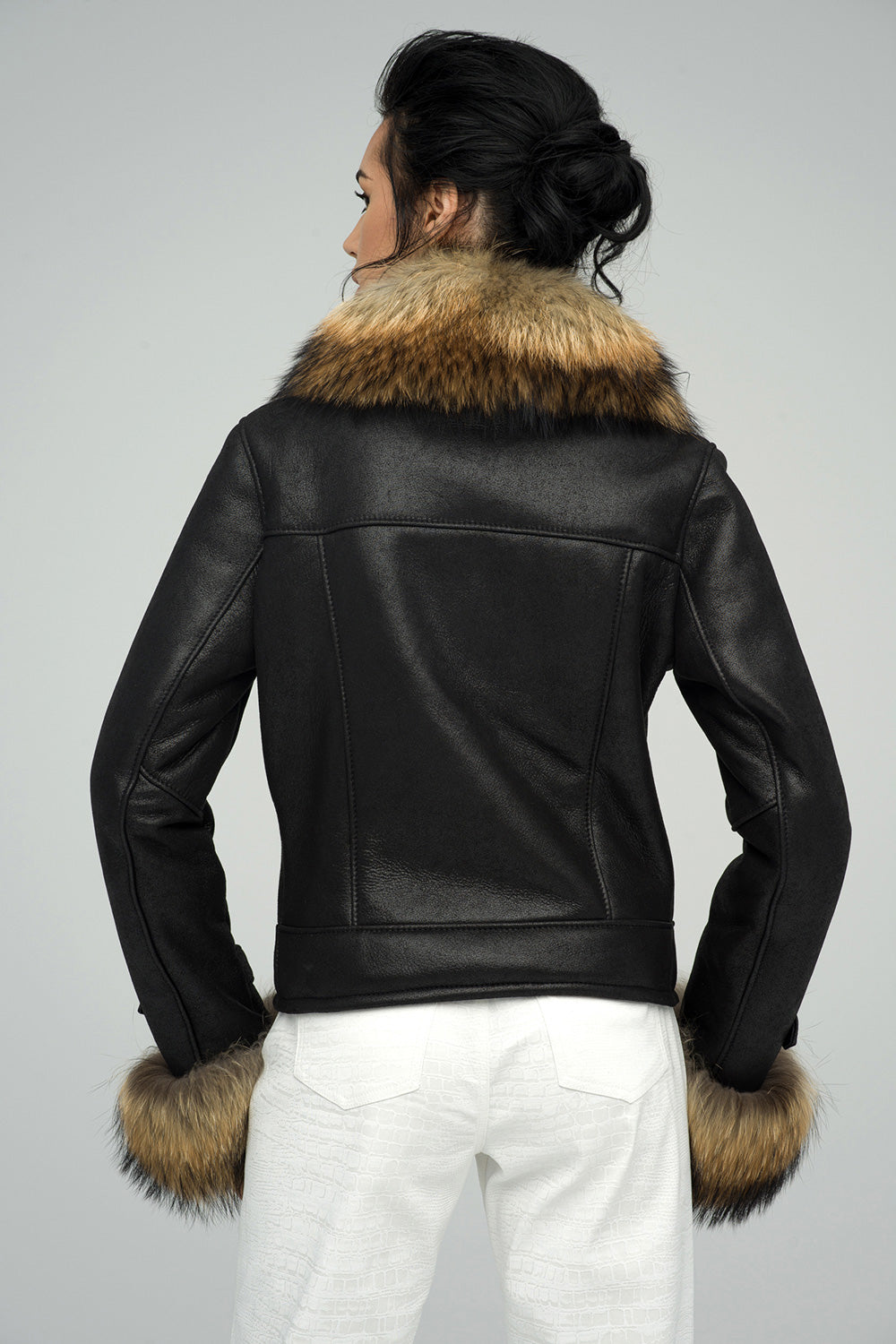 Black Sheepskin Jacket with Raccoon Fur Collar and Cuffs