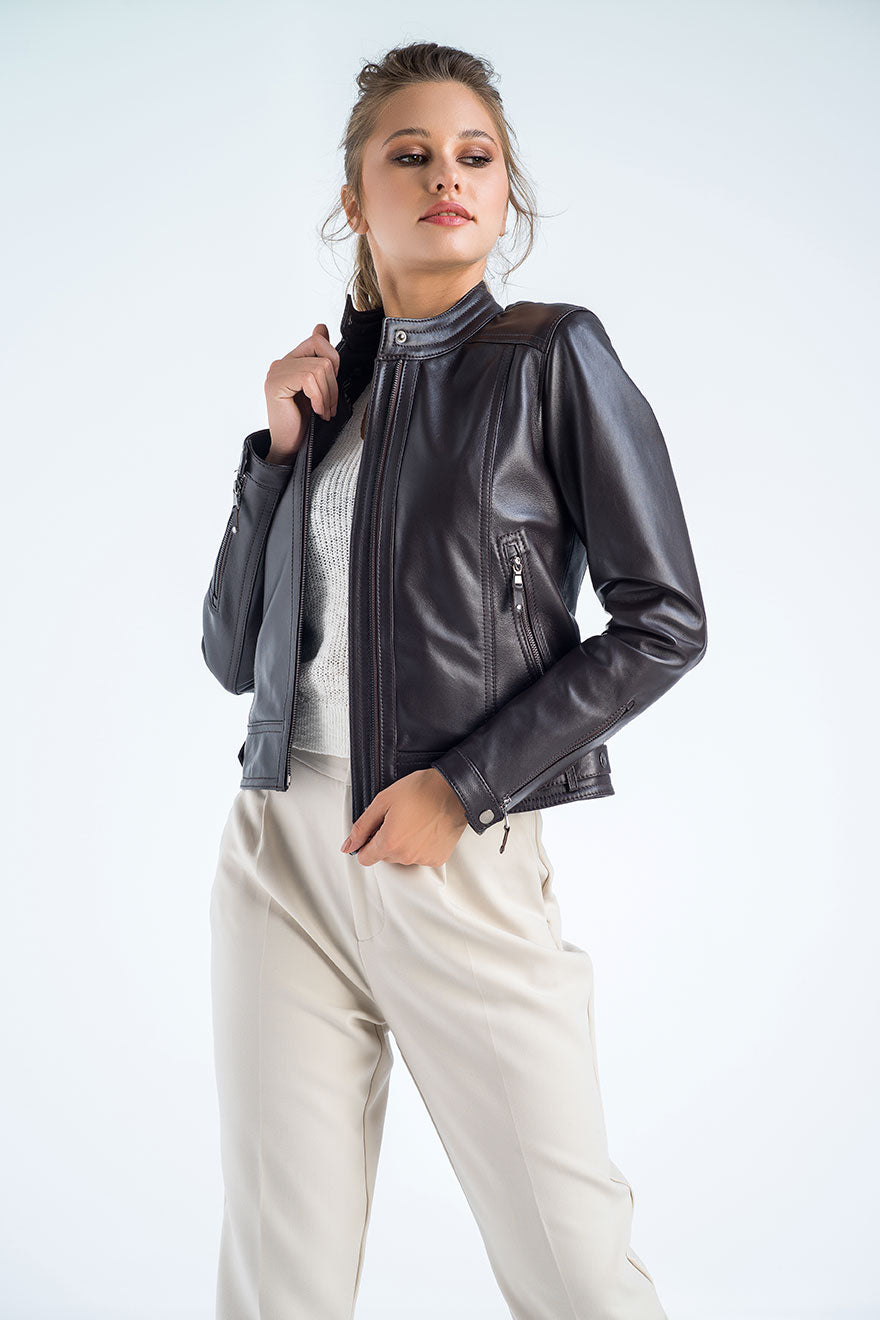 Brown Genuine Cropped Leather Jacket