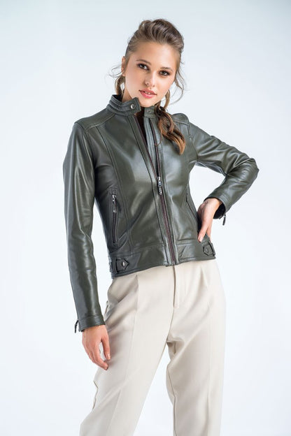 Olive Genuine Cropped Leather Jacket