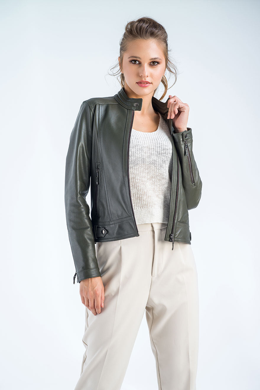 Olive Genuine Cropped Leather Jacket