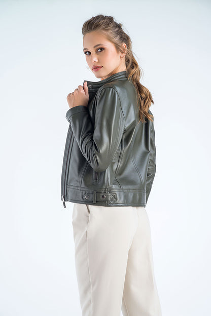 Olive Genuine Cropped Leather Jacket